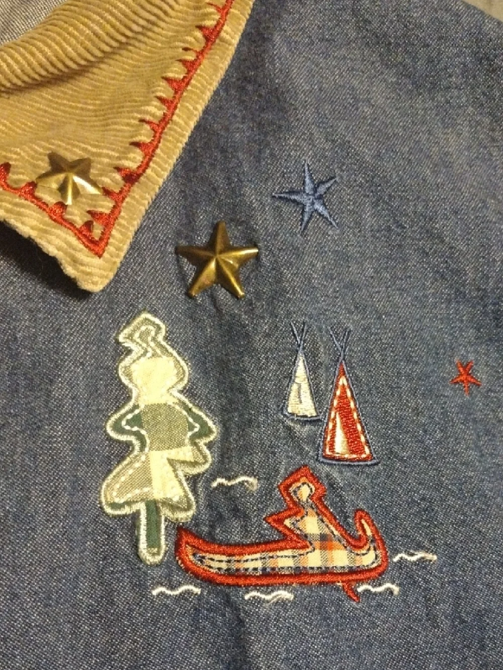 Vintage Teddi Blue Denim Jacket with Tan Corduroy Collar and Red Stitching - Picture 4 of 14